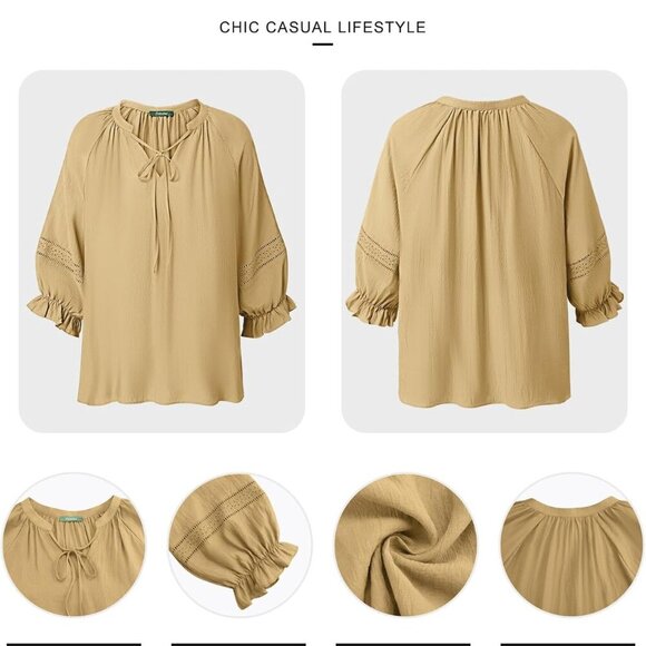 Womens Summer Blouses Flowy Casual V-Neck Front Tie Tops 3/4 Sleeve with Elastic - Picture 6 of 6